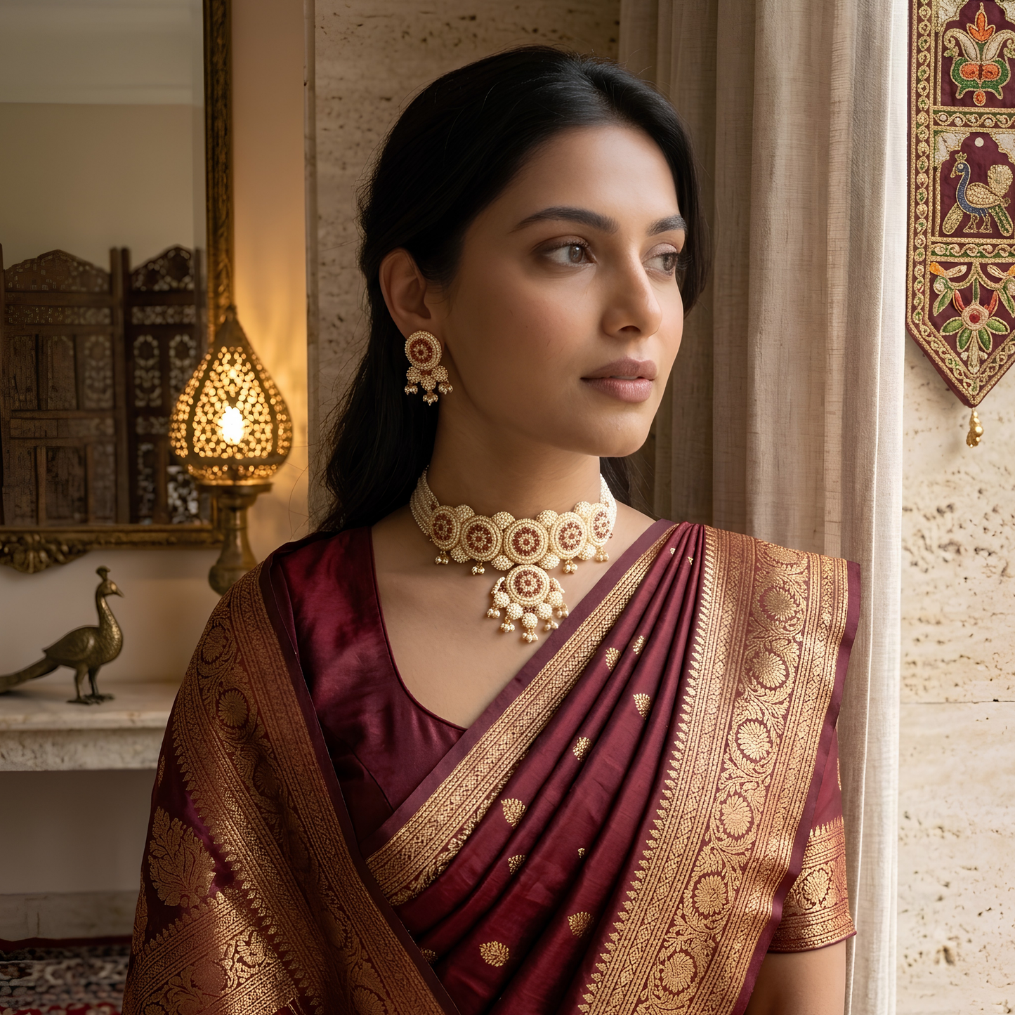 Handcrafted Pearl Choker Necklace Set with Matching Earrings