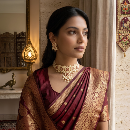 Handcrafted Pearl Choker Necklace Set with Matching Earrings