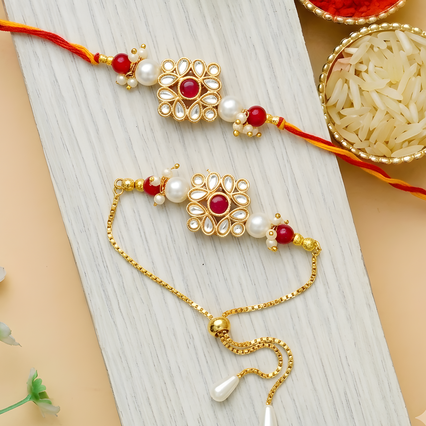 Floral Kundan Bhai Bhabhi Rakhi Combo Set