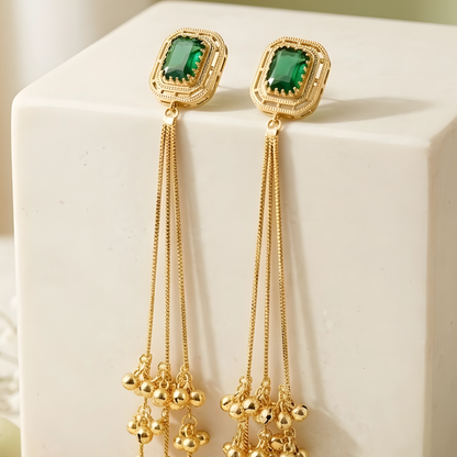 Emerald Green Stone Long Tassel Drop Earrings