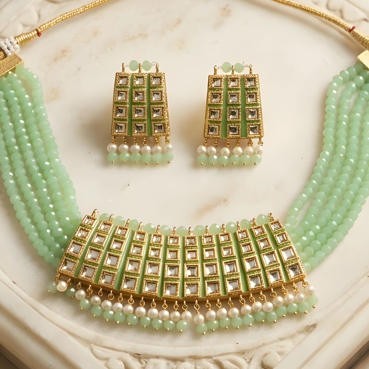 Mint Green Kundan Choker Necklace Set with Earrings