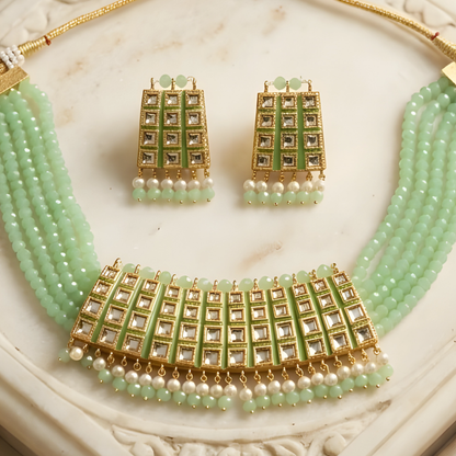 Mint Green Kundan Choker Necklace Set with Earrings