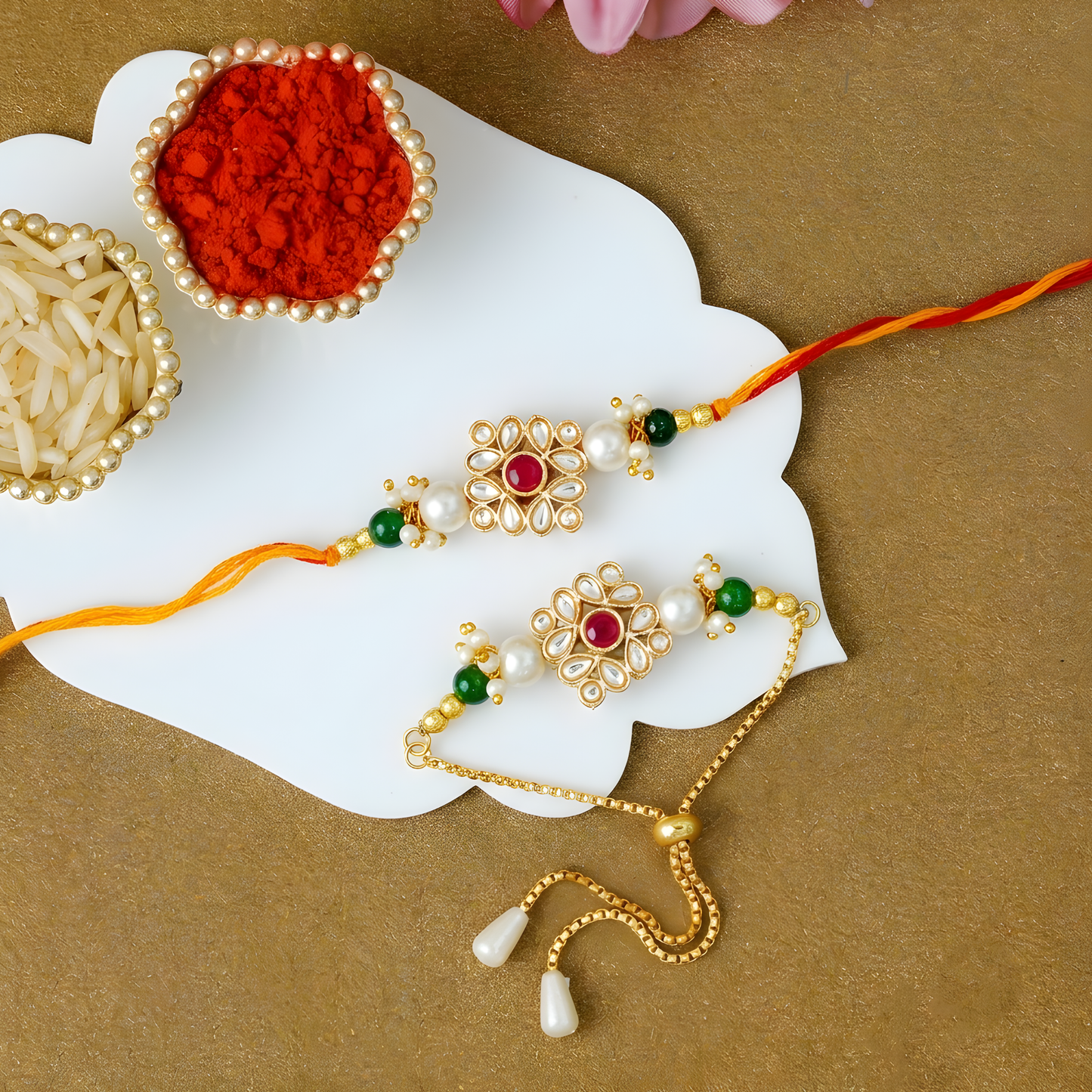 Floral Kundan Bhaiya Bhabhi Rakhi Combo Set