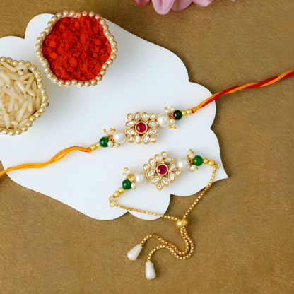 Floral Kundan Bhaiya Bhabhi Rakhi Combo Set