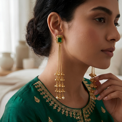 Emerald Green Stone Long Tassel Drop Earrings