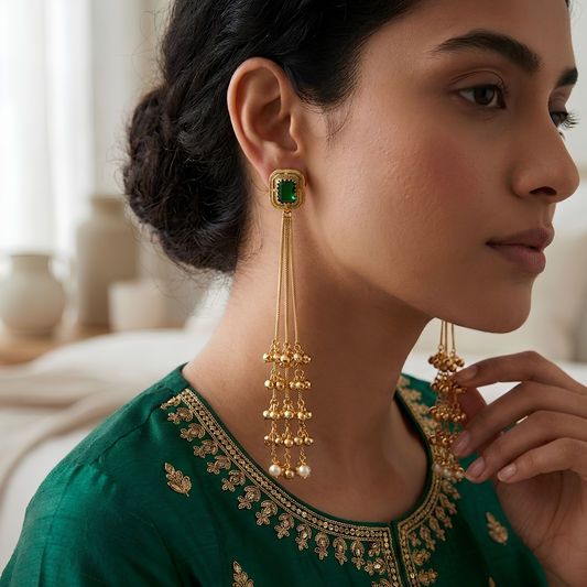 Emerald Green Stone Long Tassel Drop Earrings