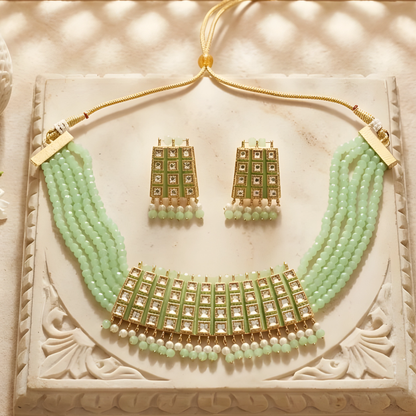 Mint Green Kundan Choker Necklace Set with Earrings