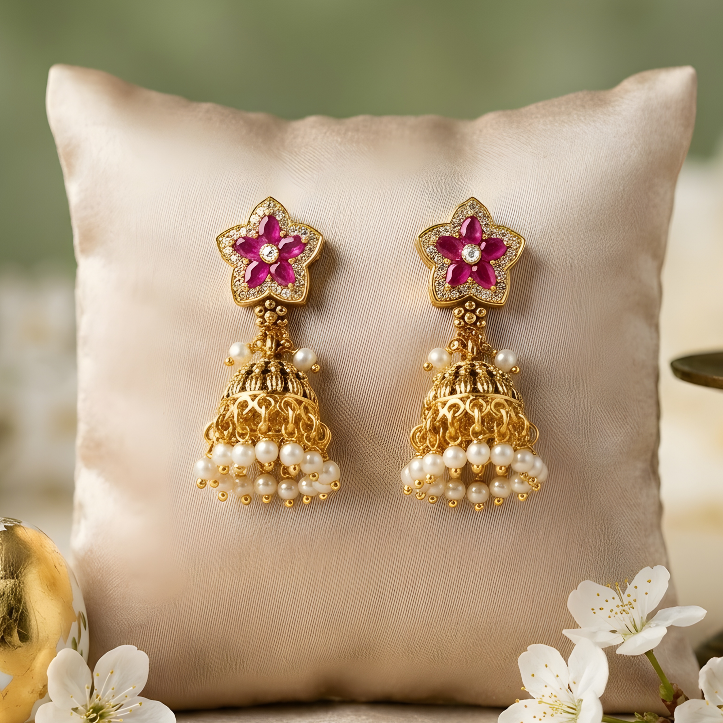 Floral Kundan Beaded Necklace Set with Jhumka