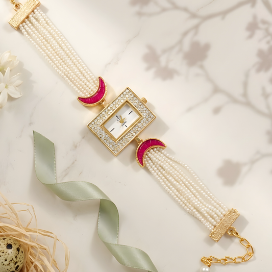 Pearl Beaded Bracelet Watch with Pink Crescent