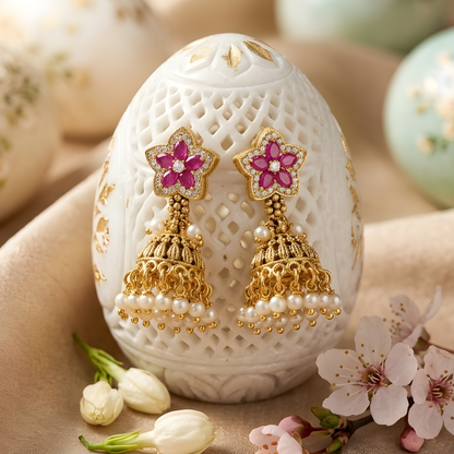 Floral Kundan Beaded Necklace Set with Jhumka
