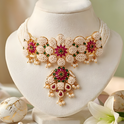 Floral Pearl Choker Necklace With Earrings