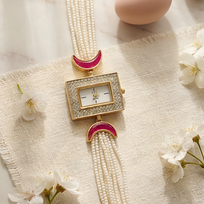 Pearl Beaded Bracelet Watch with Pink Crescent