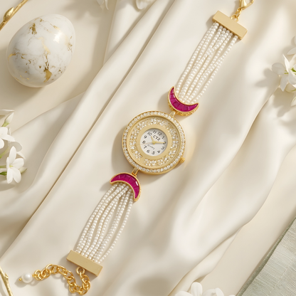 Pearl Beaded Bracelet Watch with Pink Crescent