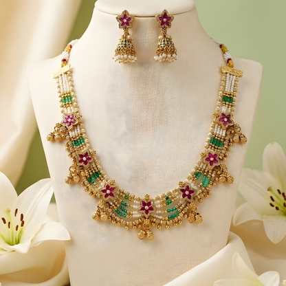 Floral Kundan Beaded Necklace Set with Jhumka