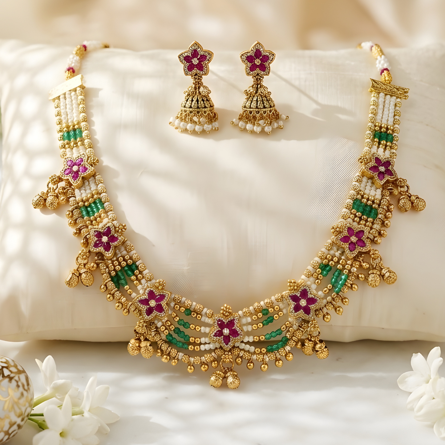 Floral Kundan Beaded Necklace Set with Jhumka