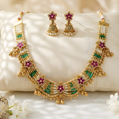 Floral Kundan Beaded Necklace Set with Jhumka