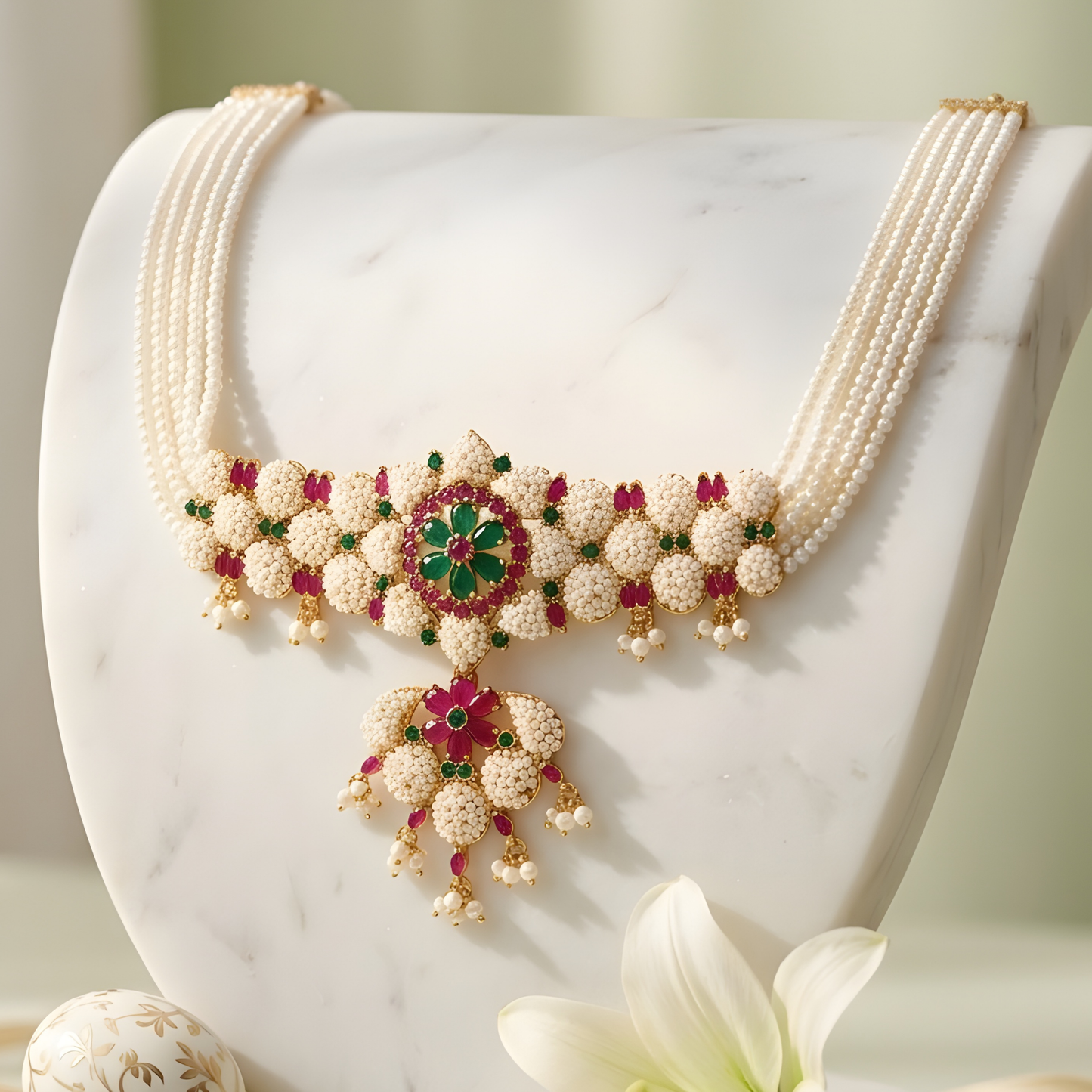 Rajwadi Pearl Choker Necklace Set With Earrings