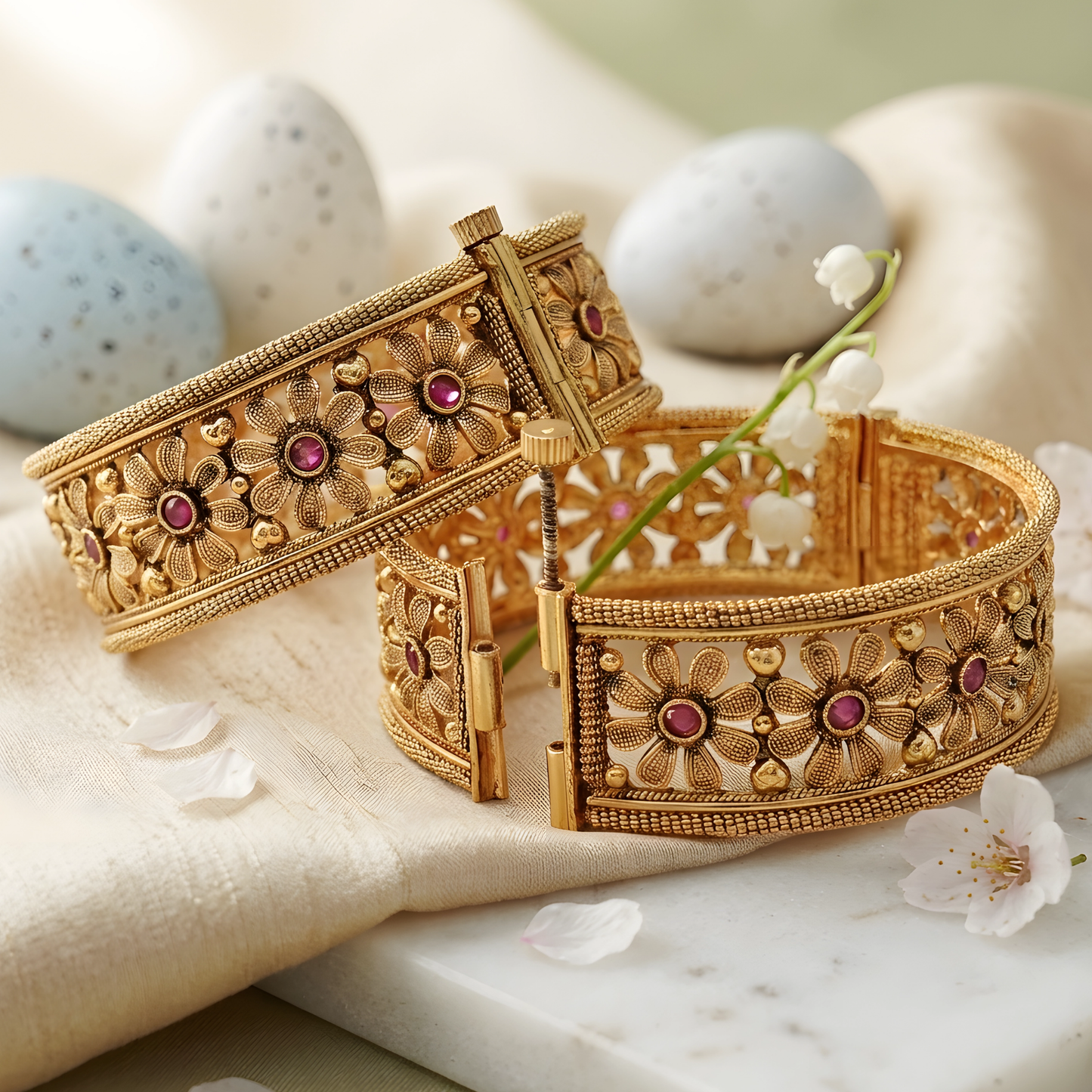 Gold Toned Floral Bangle Set with Red Stone