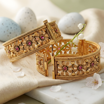 Gold Toned Floral Bangle Set with Red Stone