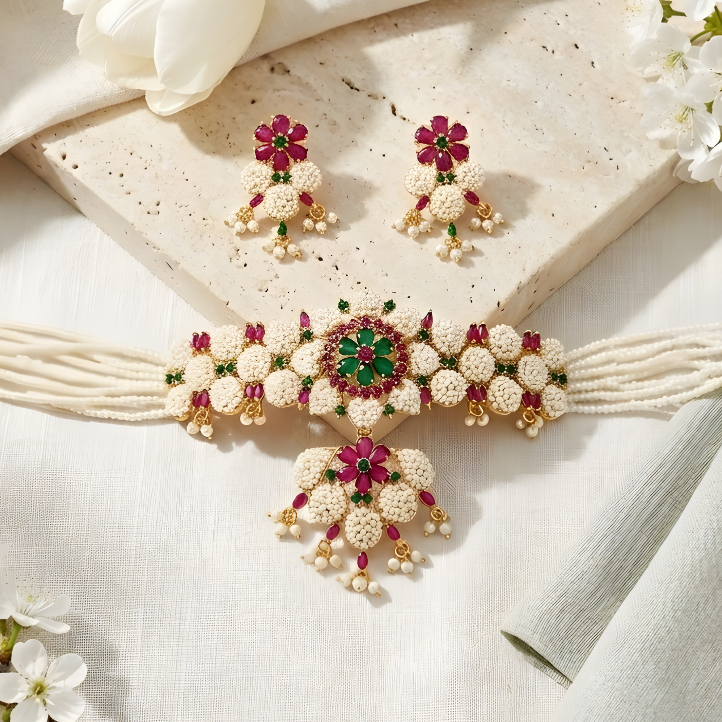 Rajwadi Pearl Choker Necklace Set With Earrings