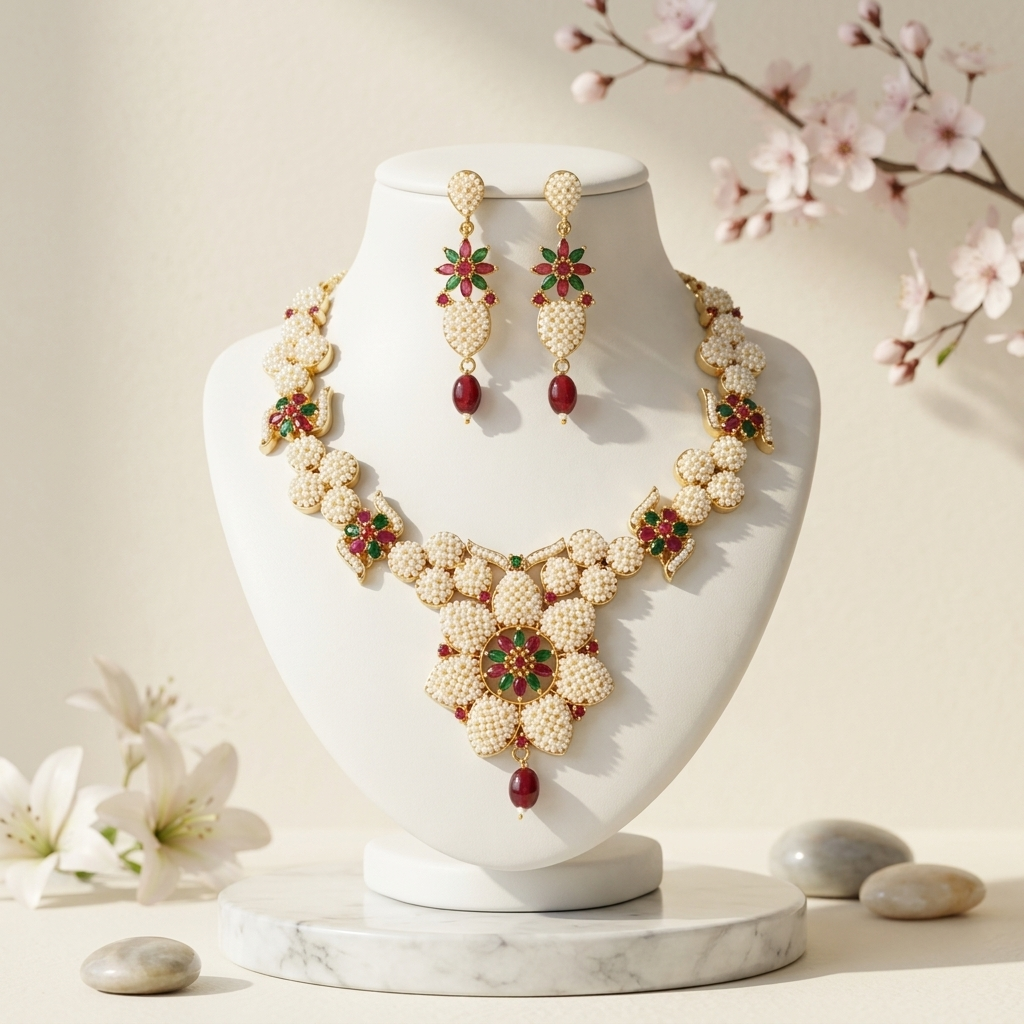 Rajwadi Pearl Flower Jewelry Set