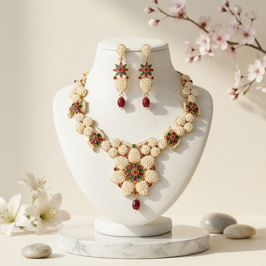 Rajwadi Pearl Flower Jewelry Set