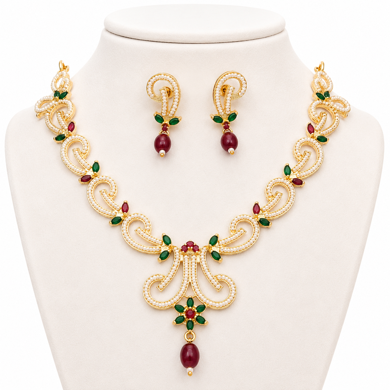 Statement Moti Necklace Set with Matching Drop Earrings