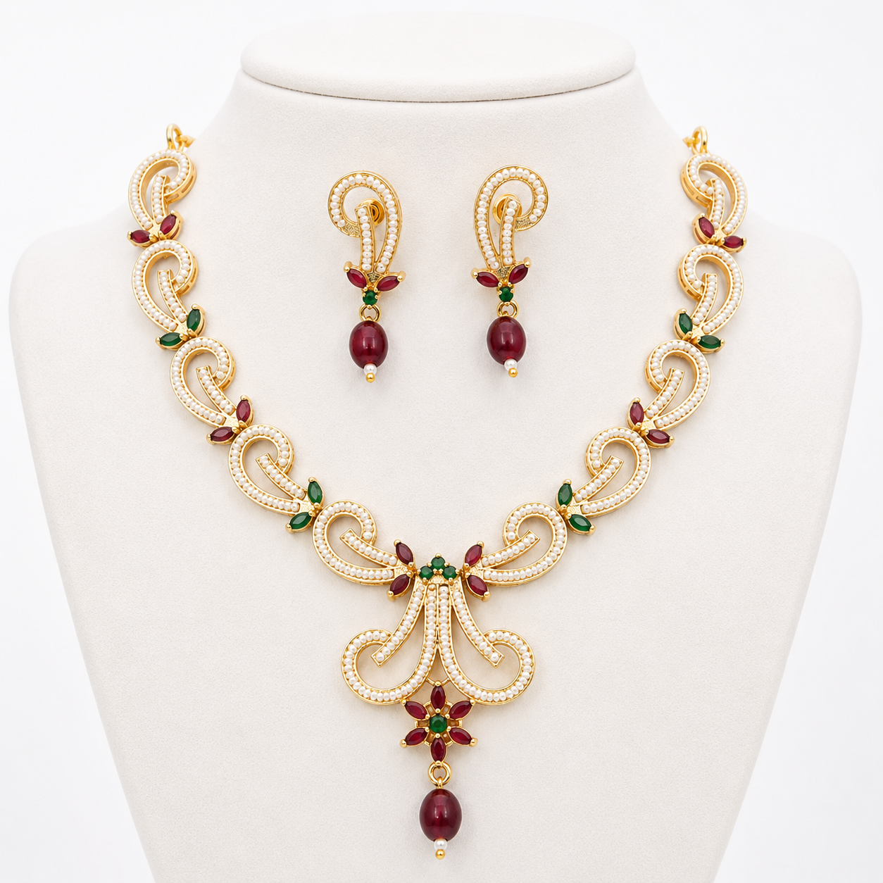 Statement Moti Necklace Set with Matching Drop Earrings