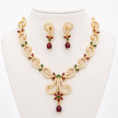 Statement Moti Necklace Set with Matching Drop Earrings