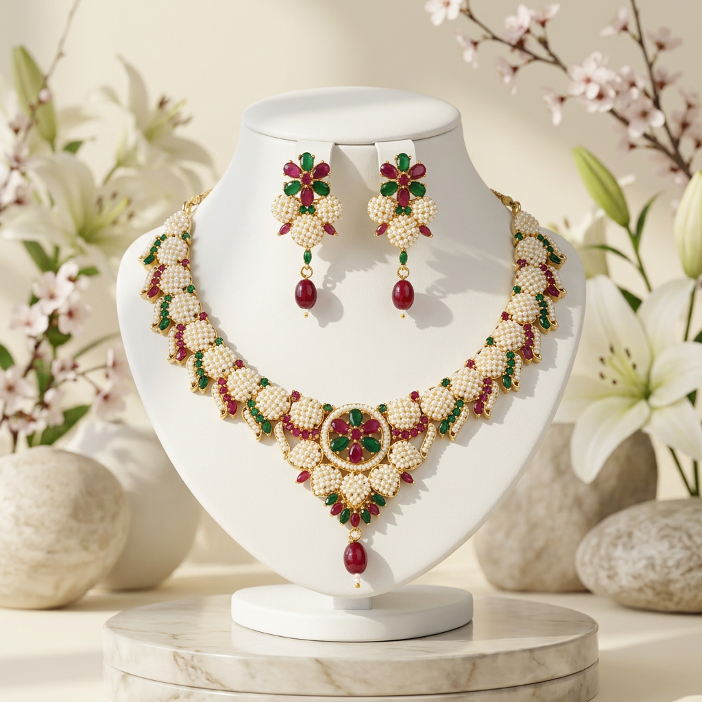 Traditional Rajwadi Pearl Choker Set with Earrings