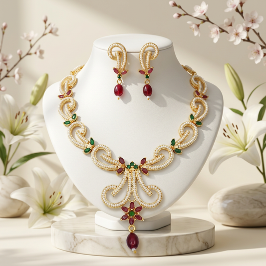 Statement Moti Necklace Set with Matching Drop Earrings