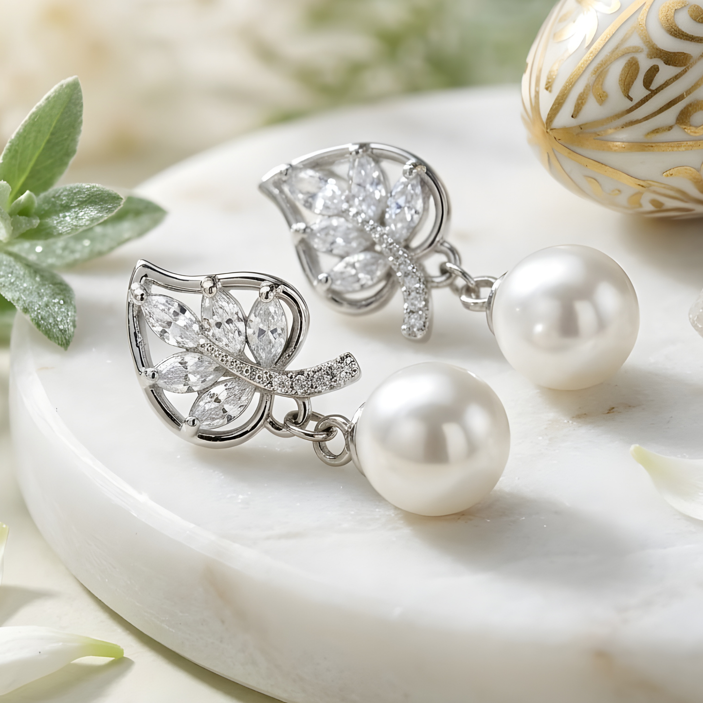 Pearl Bloom Leaf Drop Earrings