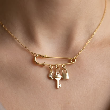 Safety Pin Charm With Moon, Key & Padlock