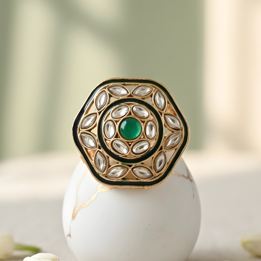Green Kundan Polki Adjustable Ring