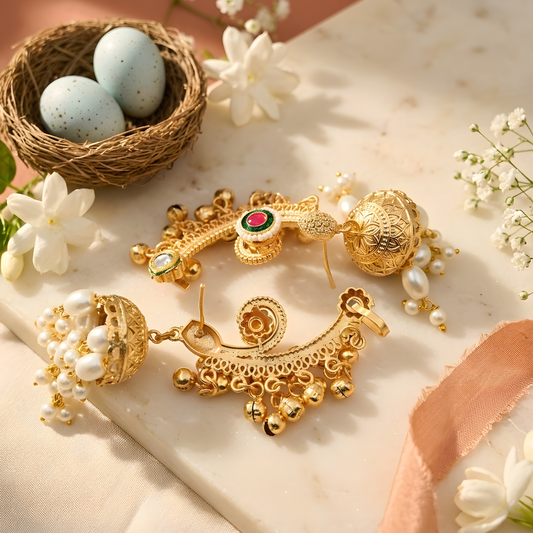 Temple Jhumka Earrings with Pearl Drops