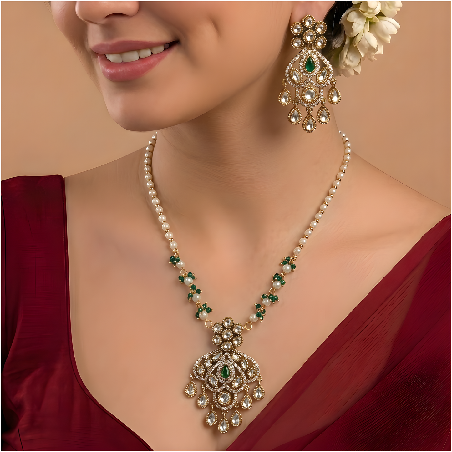 Emerald Green Kundan Pendant Necklace Set