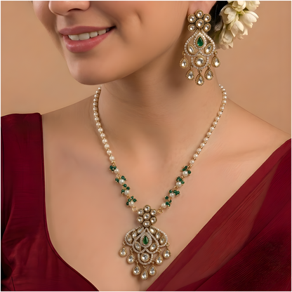 Emerald Green Kundan Pendant Necklace Set