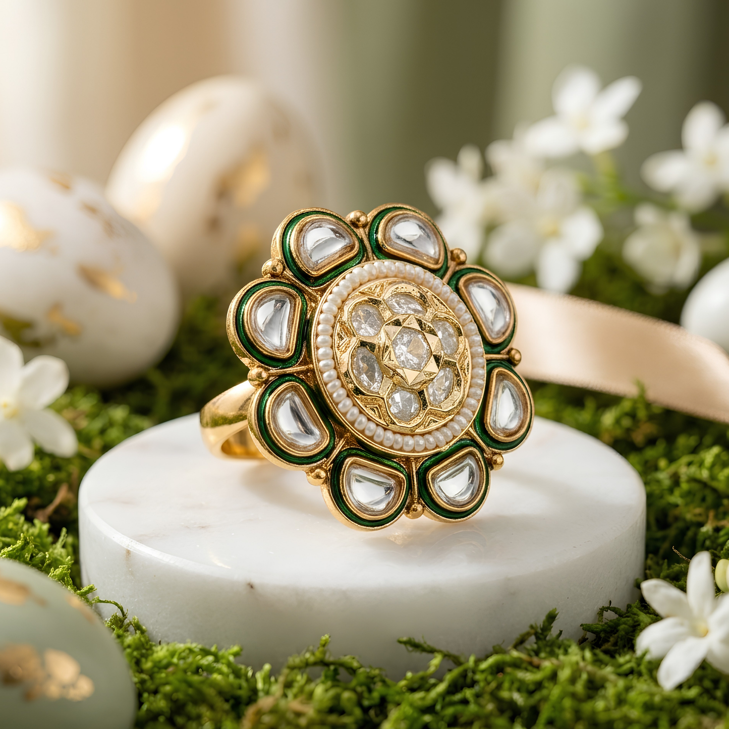 Kundan Polki Adjustable Floral Statement Ring
