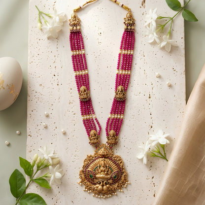 Temple Lakshmi Pink Beaded Pendant Necklace Set