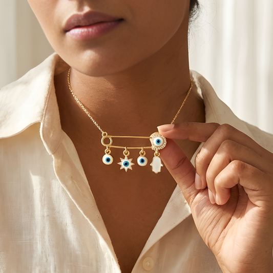 White Evil Eye Safety Pin Charm Necklace