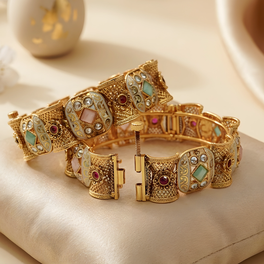 Gold Toned Meenakari Kundan Bangle Set