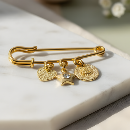 Gold Plated Amulet Safety Pin Charm