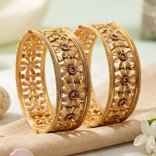 Gold Toned Floral Bangle Set with Red Stone
