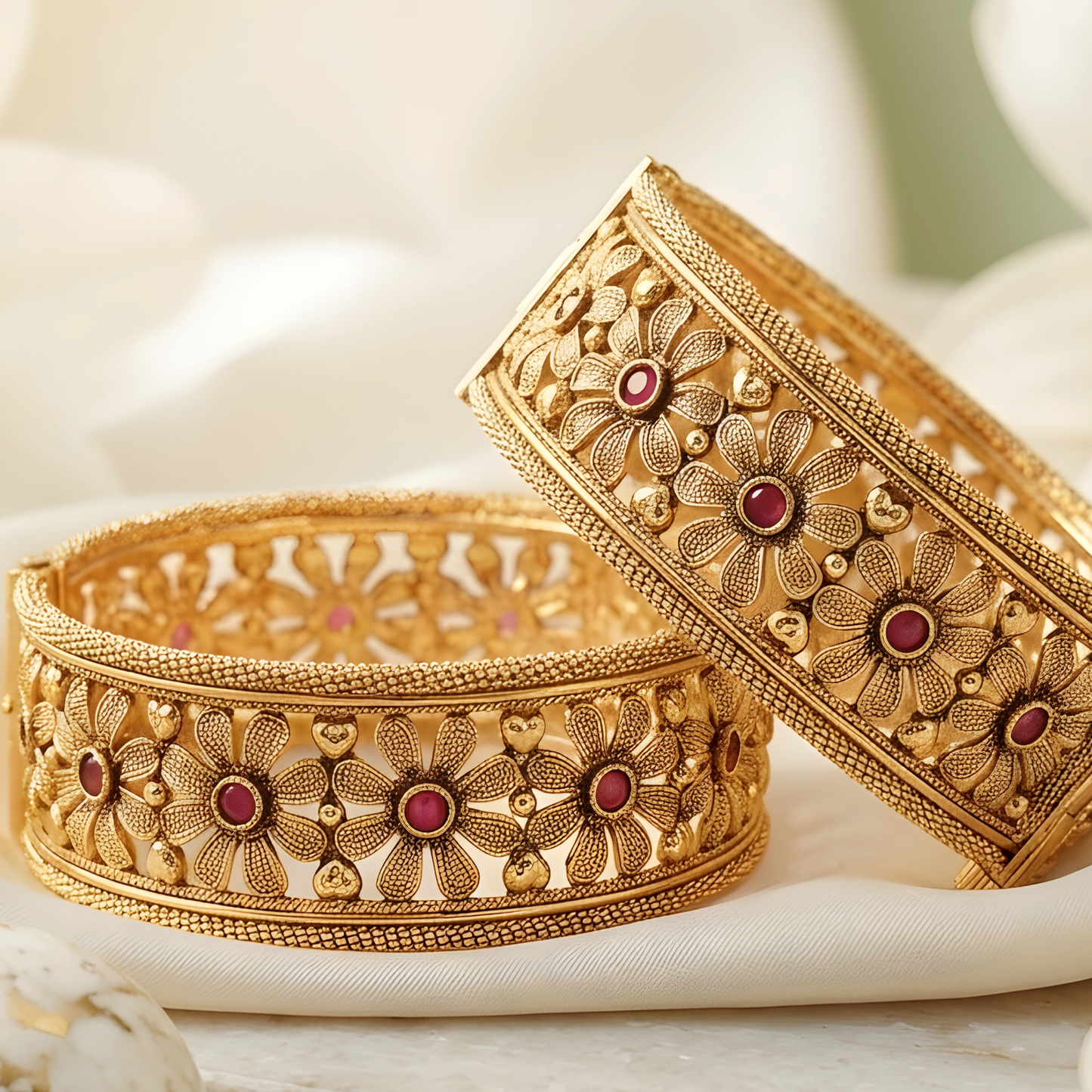Gold Toned Floral Bangle Set with Red Stone