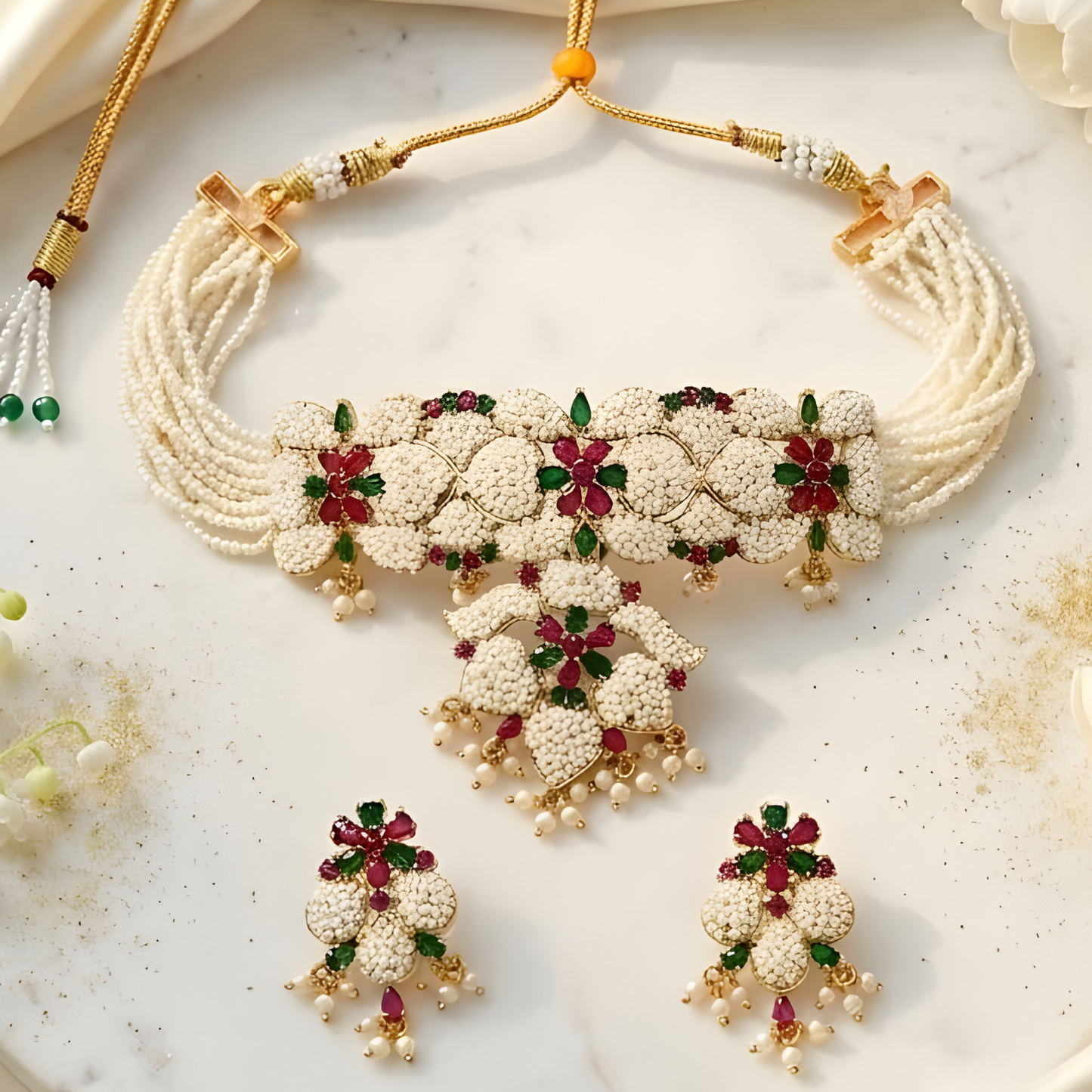 Traditional Pearl Choker Necklace Set