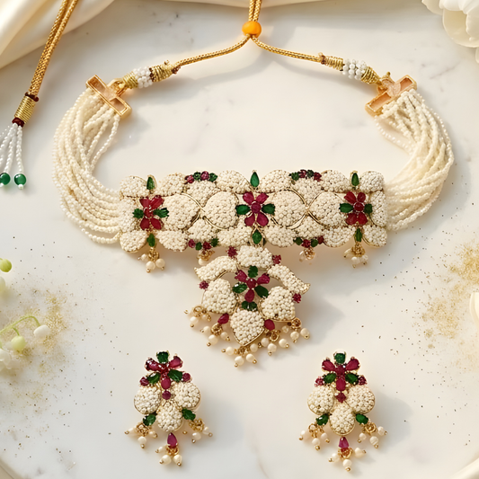 Traditional Pearl Choker Necklace Set