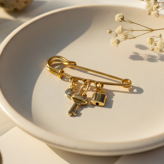 Safety Pin Charm With Moon, Key & Padlock