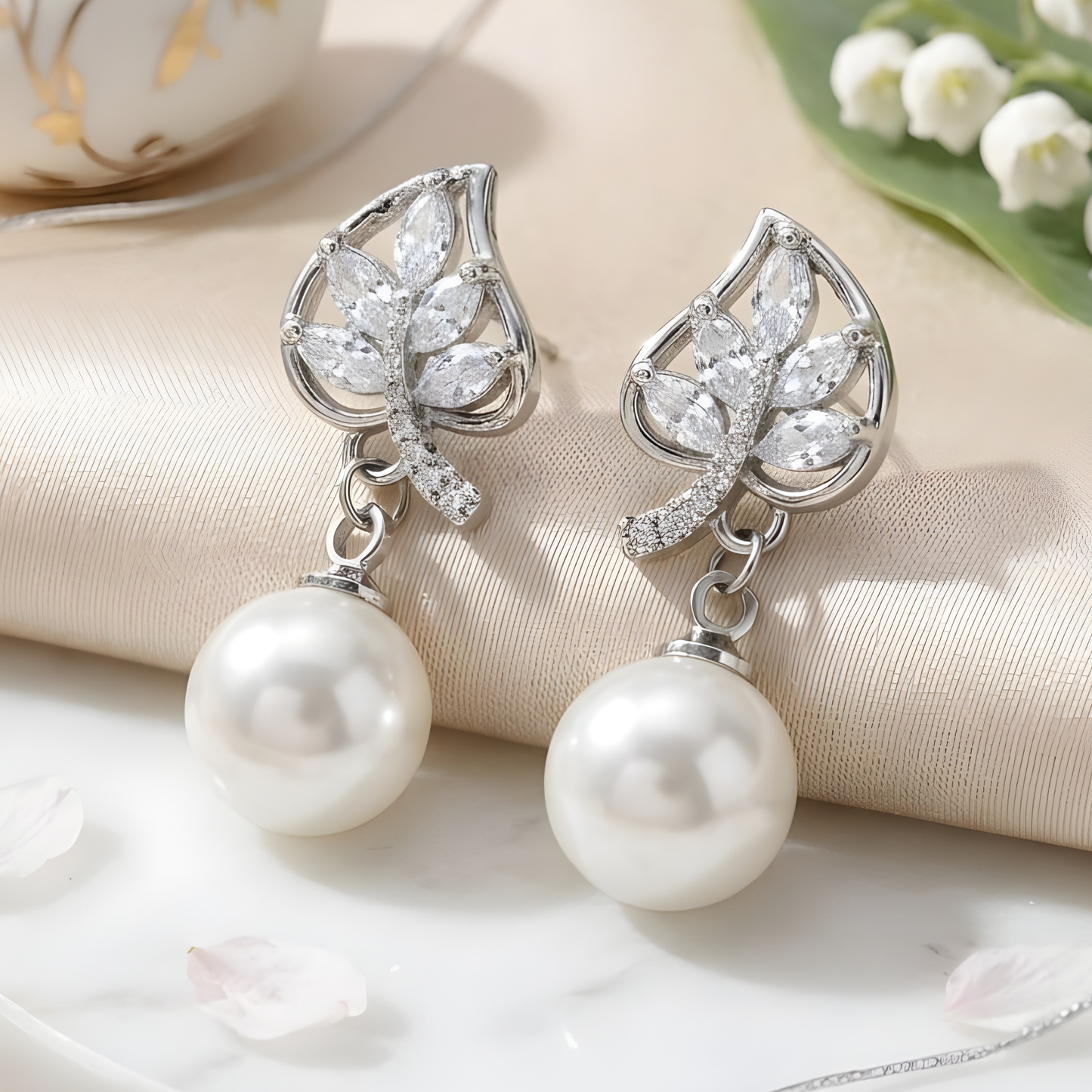 Pearl Bloom Leaf Drop Earrings