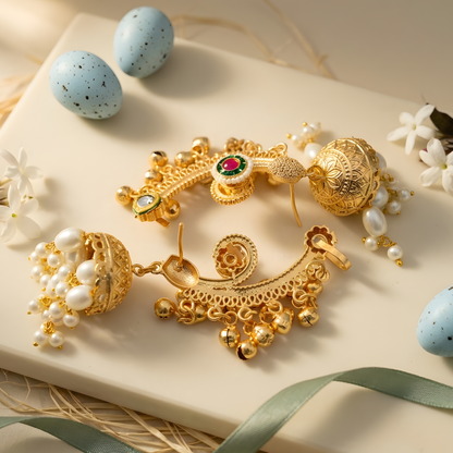 Temple Jhumka Earrings with Pearl Drops
