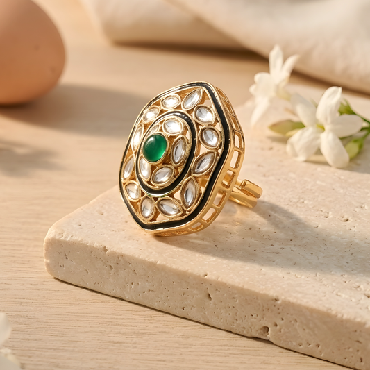 Green Kundan Polki Adjustable Ring